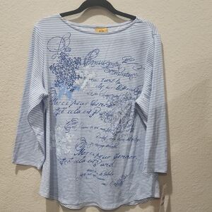Ruby Rd. Blue and White Script Long Sleeve Top